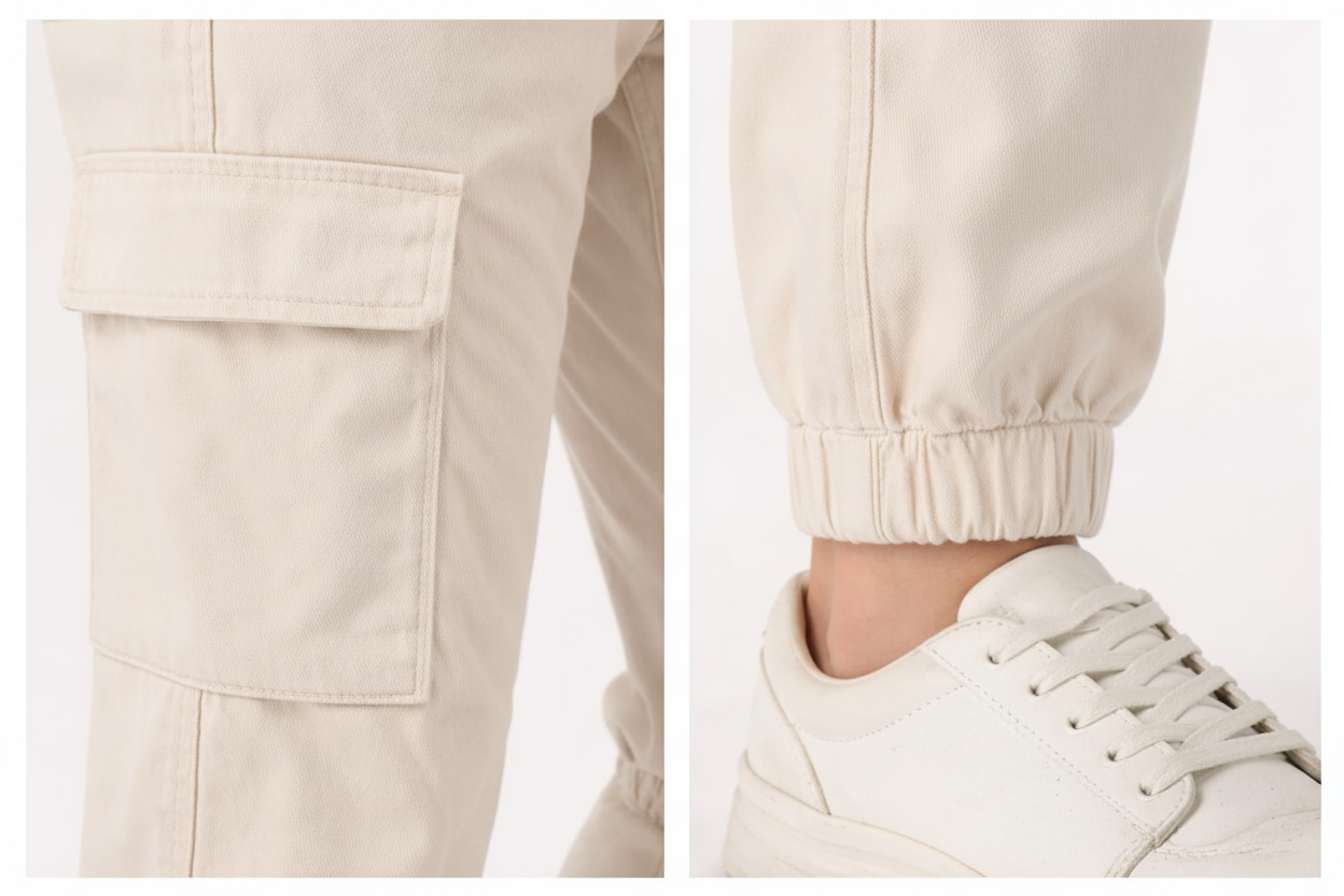 Detalle Pantalón Cargo Crudo - Bolsillo y Bajo