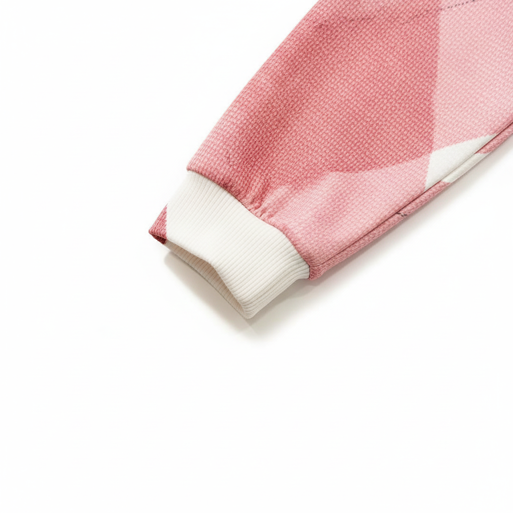 Detalle puño chaqueta bomber geométrica rosa y blanca