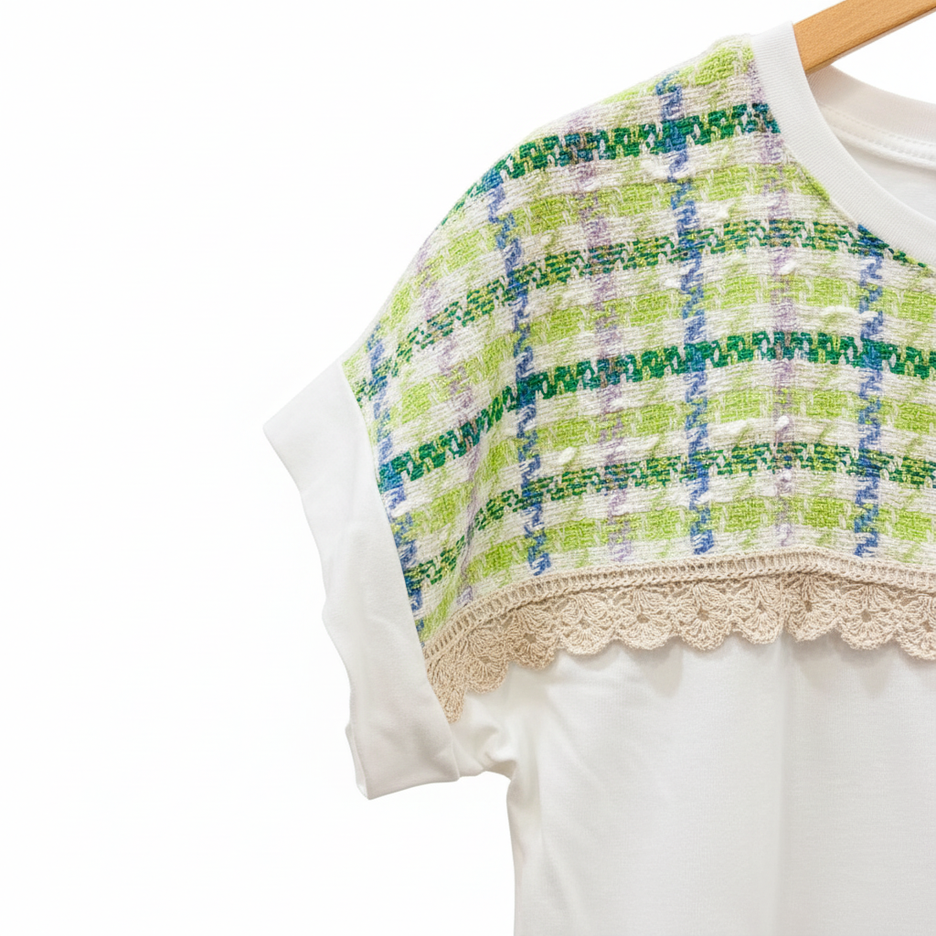 Detalle manga camiseta crochet verde