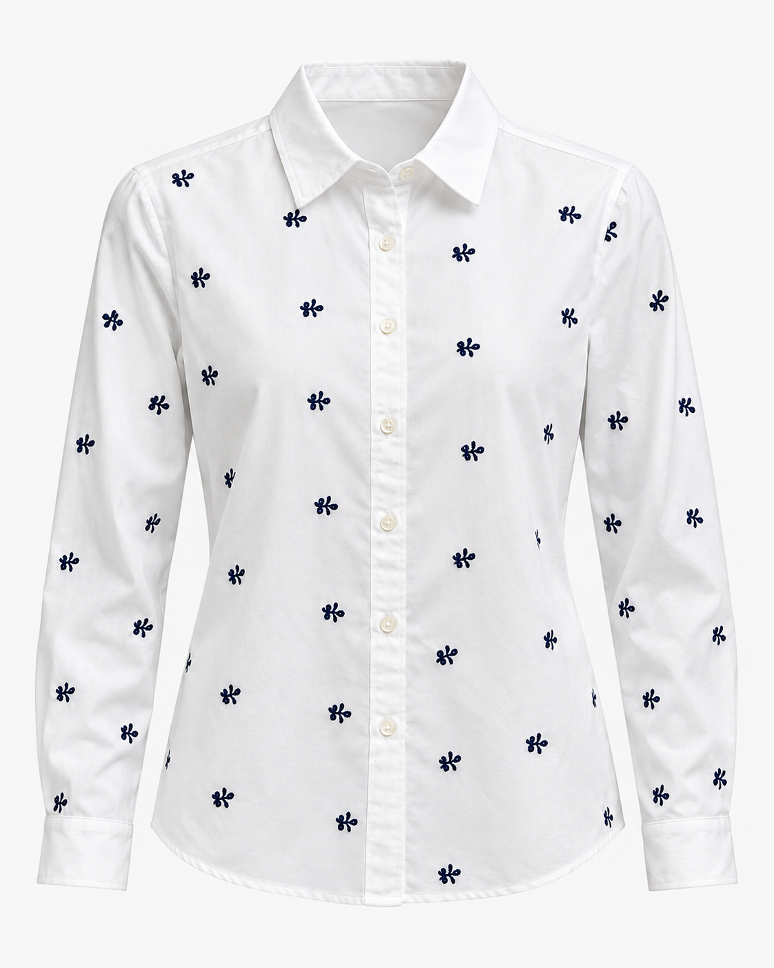 Camisa Blanca Bordada con Detalles Azul Marino
