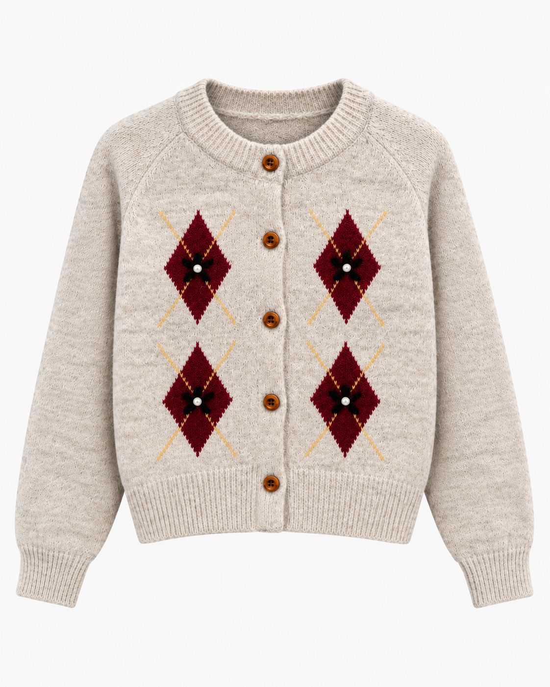 Chaqueta de punto con rombos y perlitas