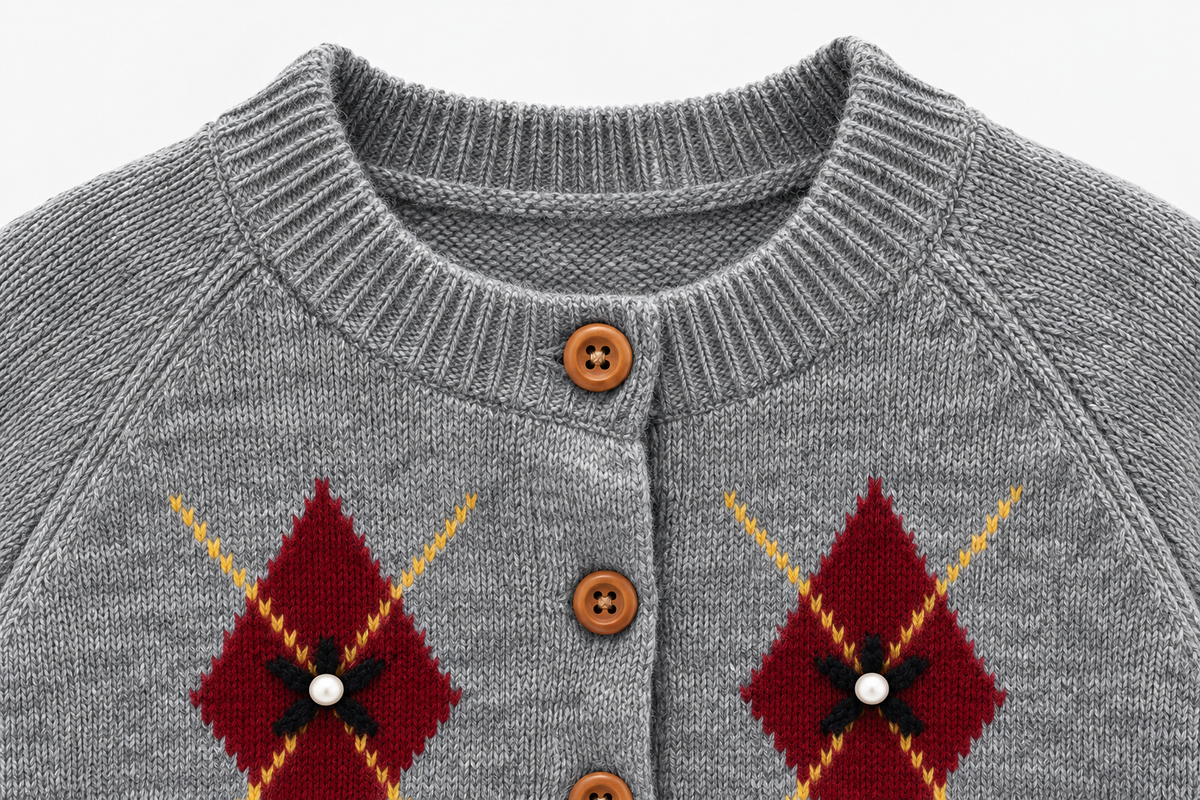 Chaqueta de punto con rombos y perlitas