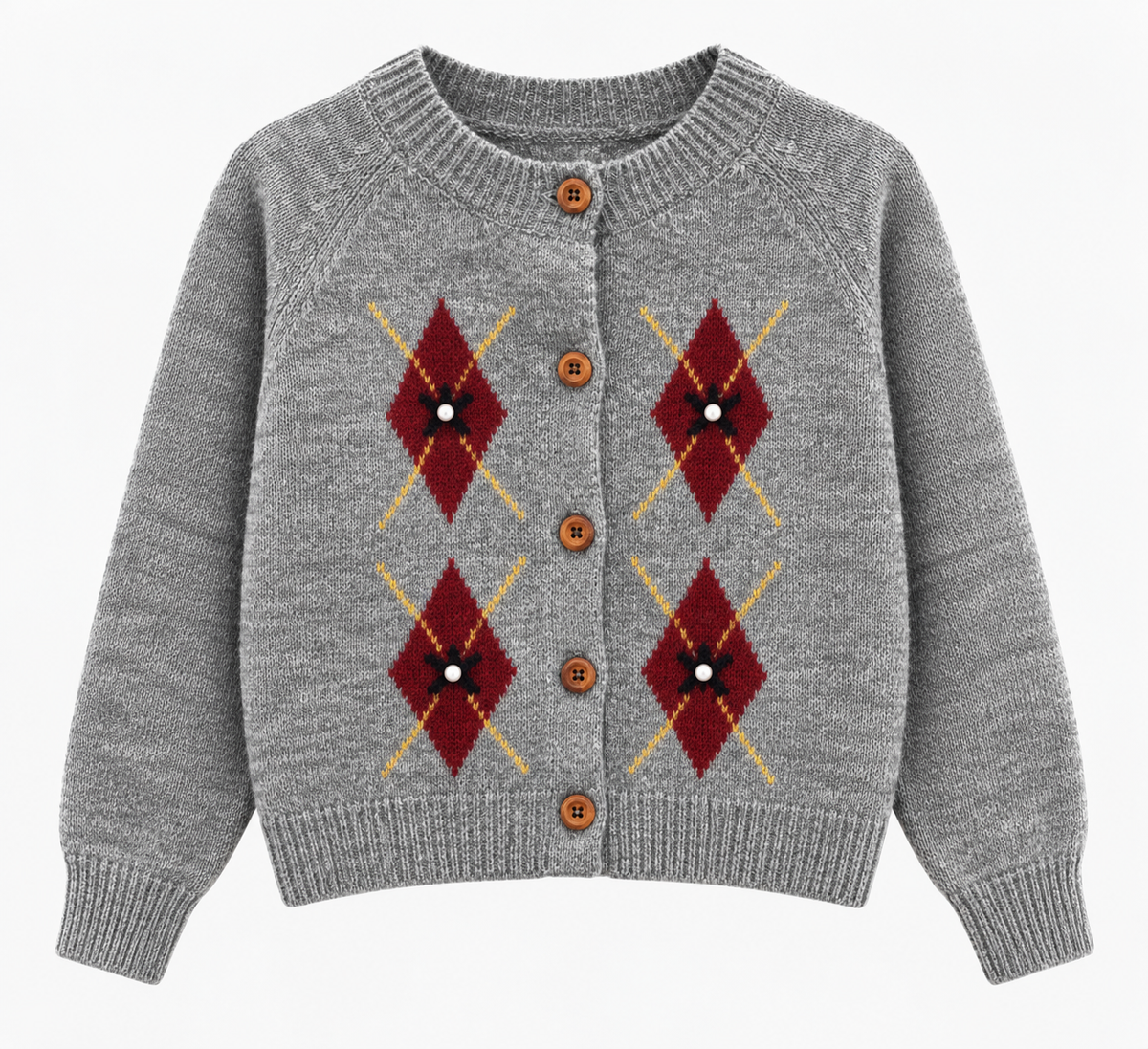 Chaqueta de punto con rombos y perlitas