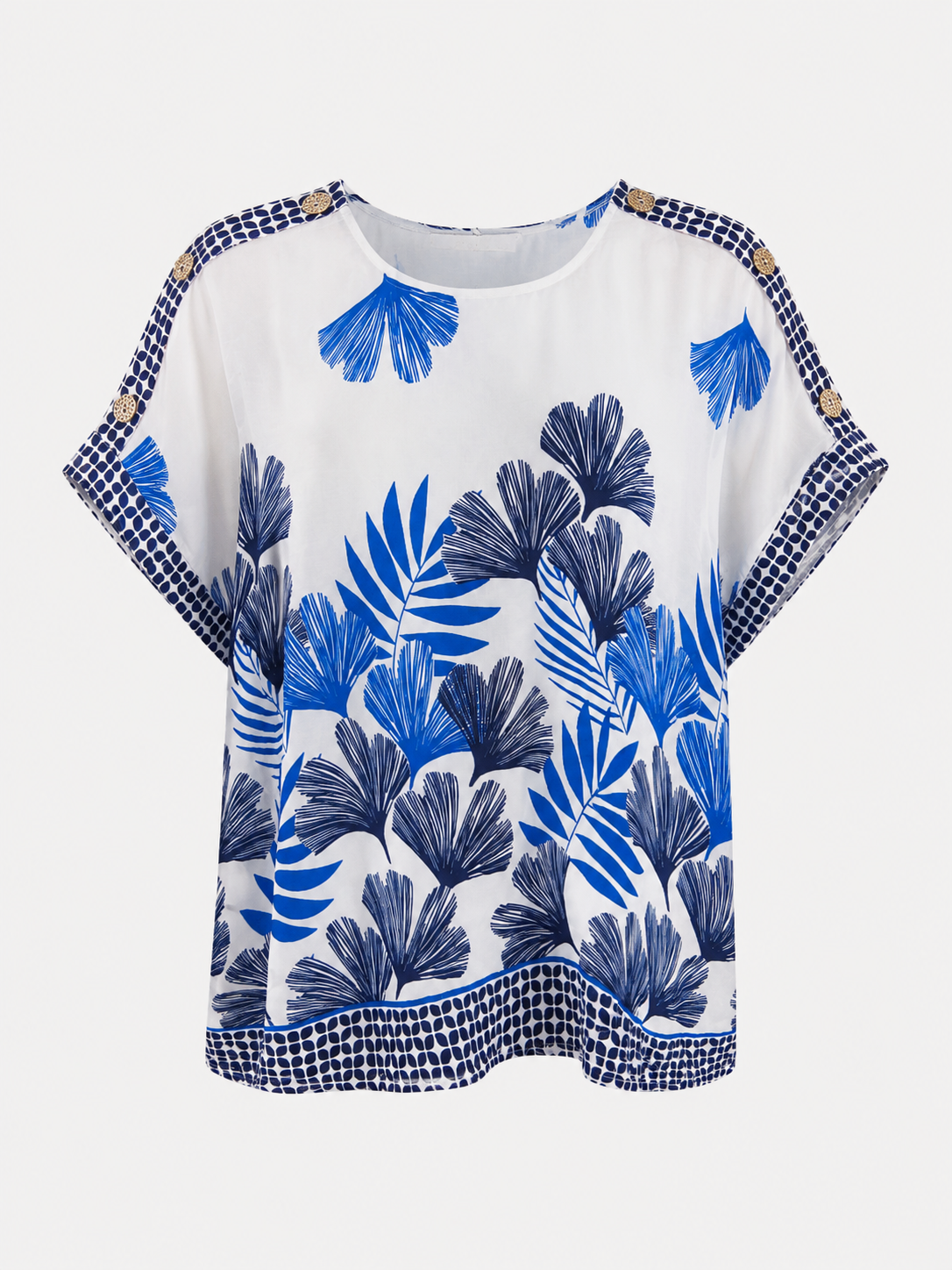 Blusa Blanca Estampado Hojas Azules