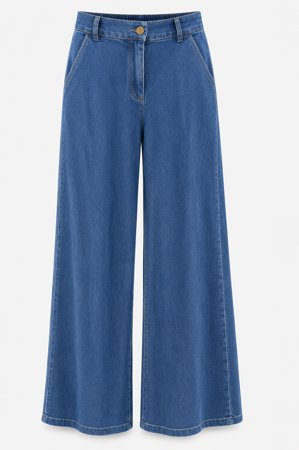 Pantalón palazzo azul efecto denim con cintura alta y tejido fluido.