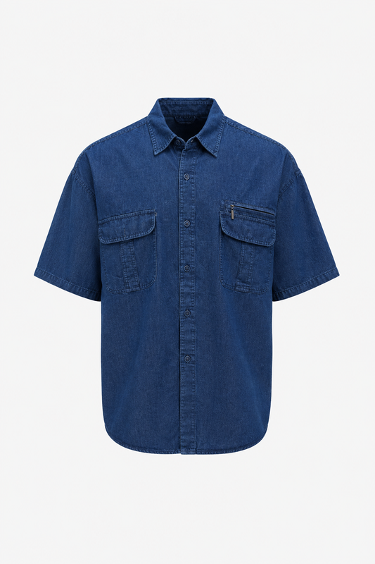 Camisa Denim Oversize Azul Marino con Bolsillos Cargo