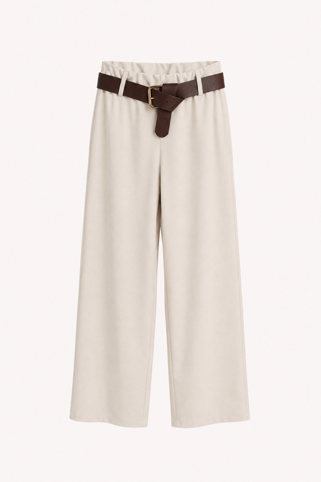Pantalón Palazzo Beige con Cinturón Marrón