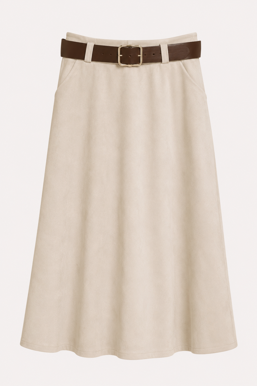 Falda Midi Beige con Cinturón Marrón