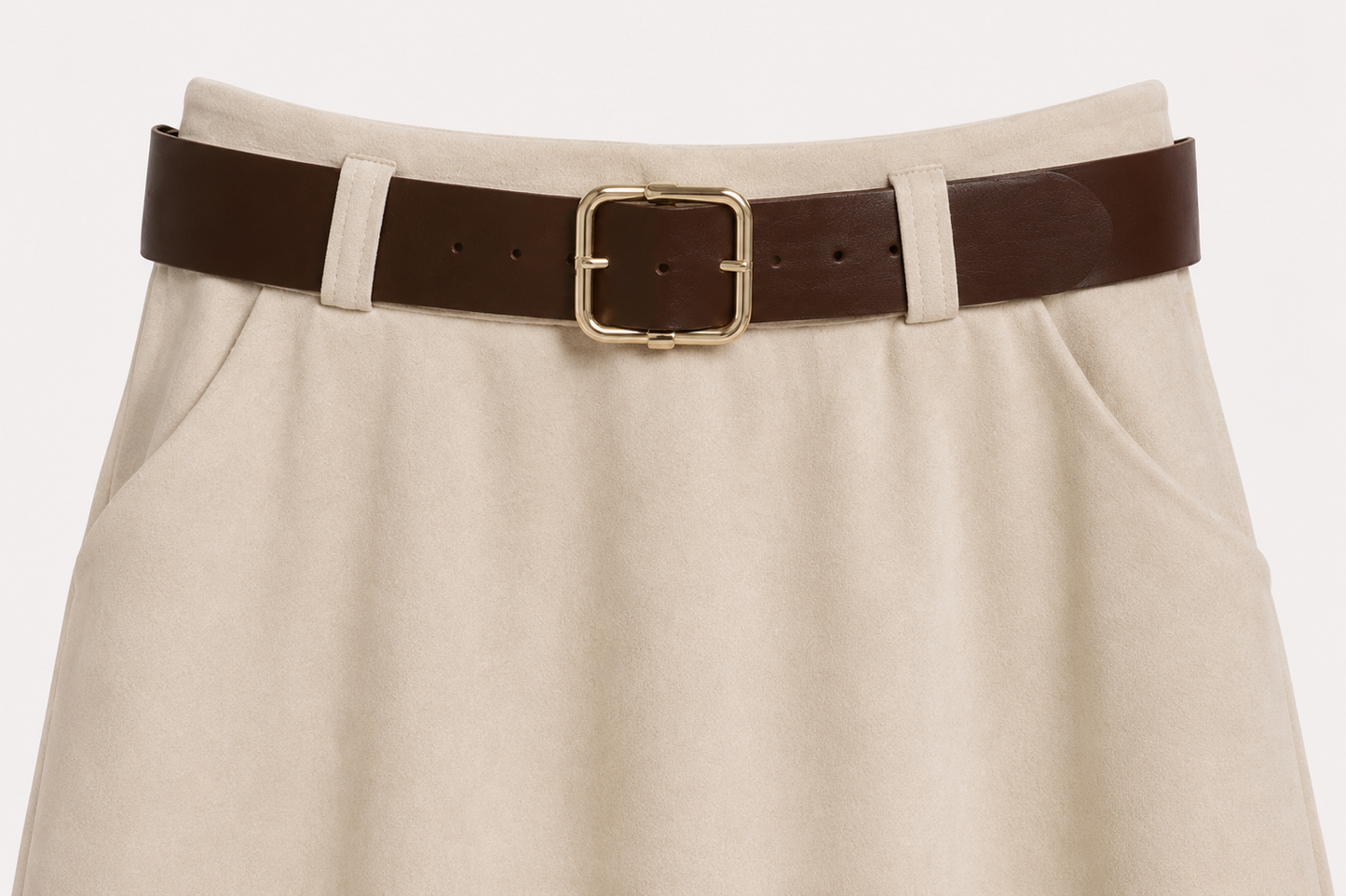 Falda Midi Beige con Cinturón Marrón