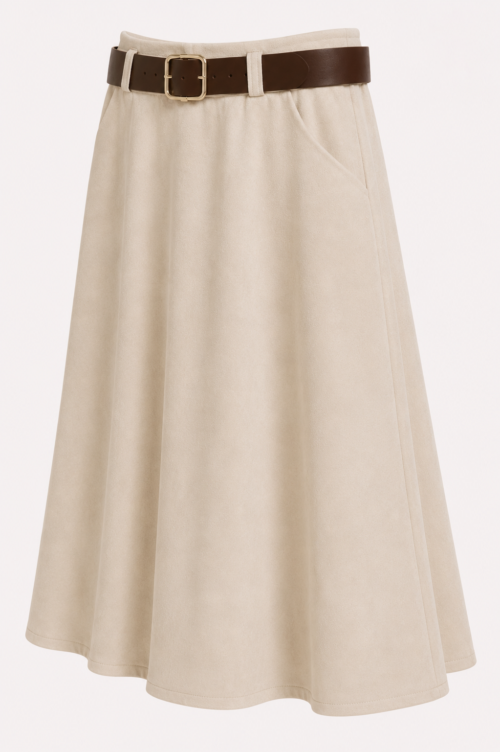 Falda Midi Beige con Cinturón Marrón