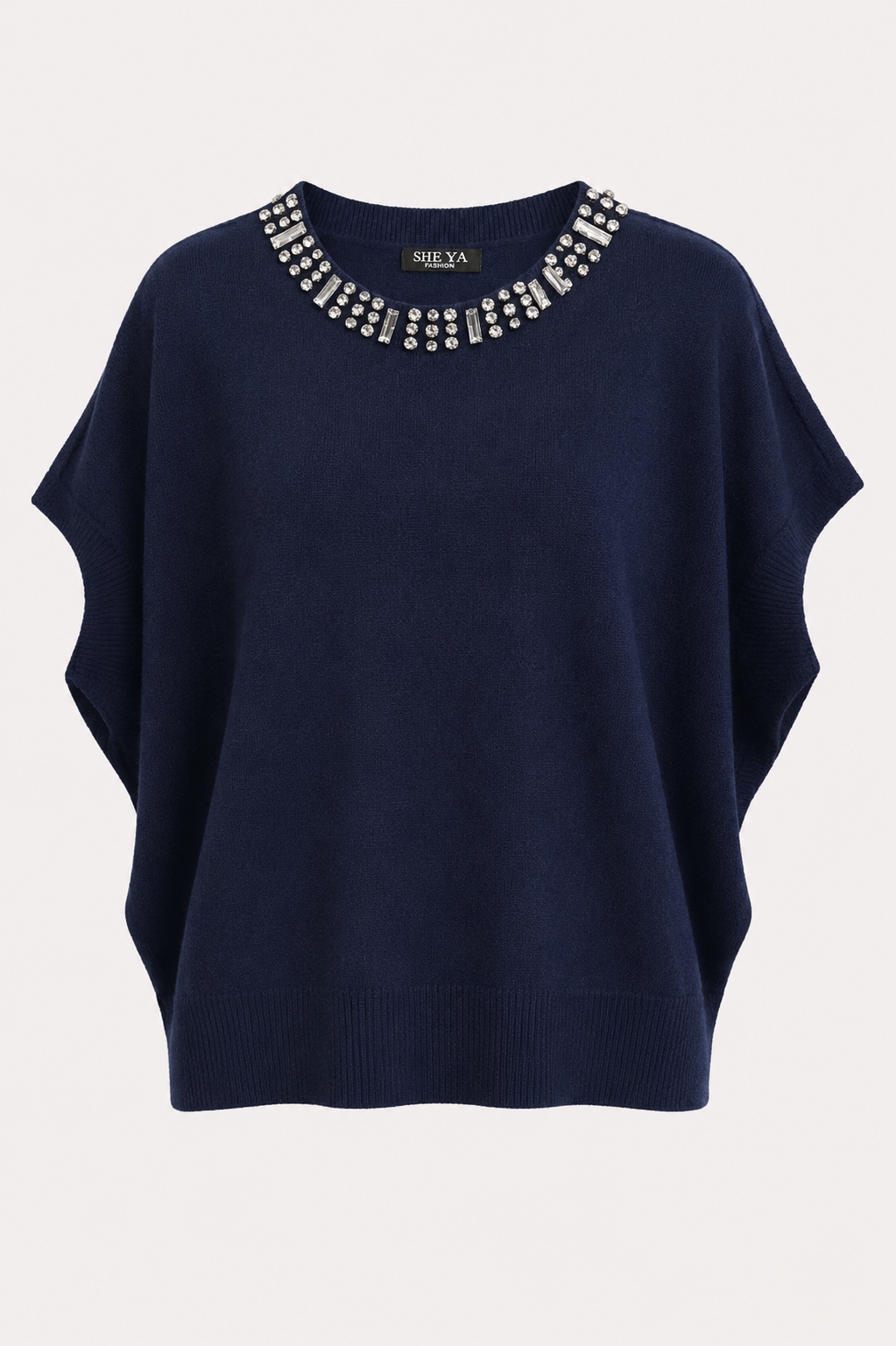 Jersey de Punto Azul Marino con Cuello de Pedrería