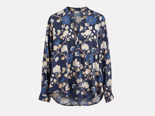 Blusa Satinada Azul Marino Estampado Floral