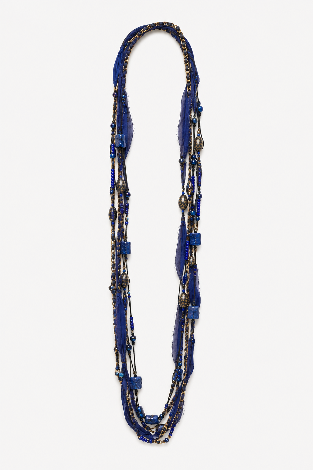 Collar Largo Multitiras Azul con Cadena