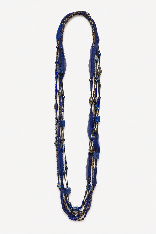 Collar Largo Multitiras Azul con Cadena