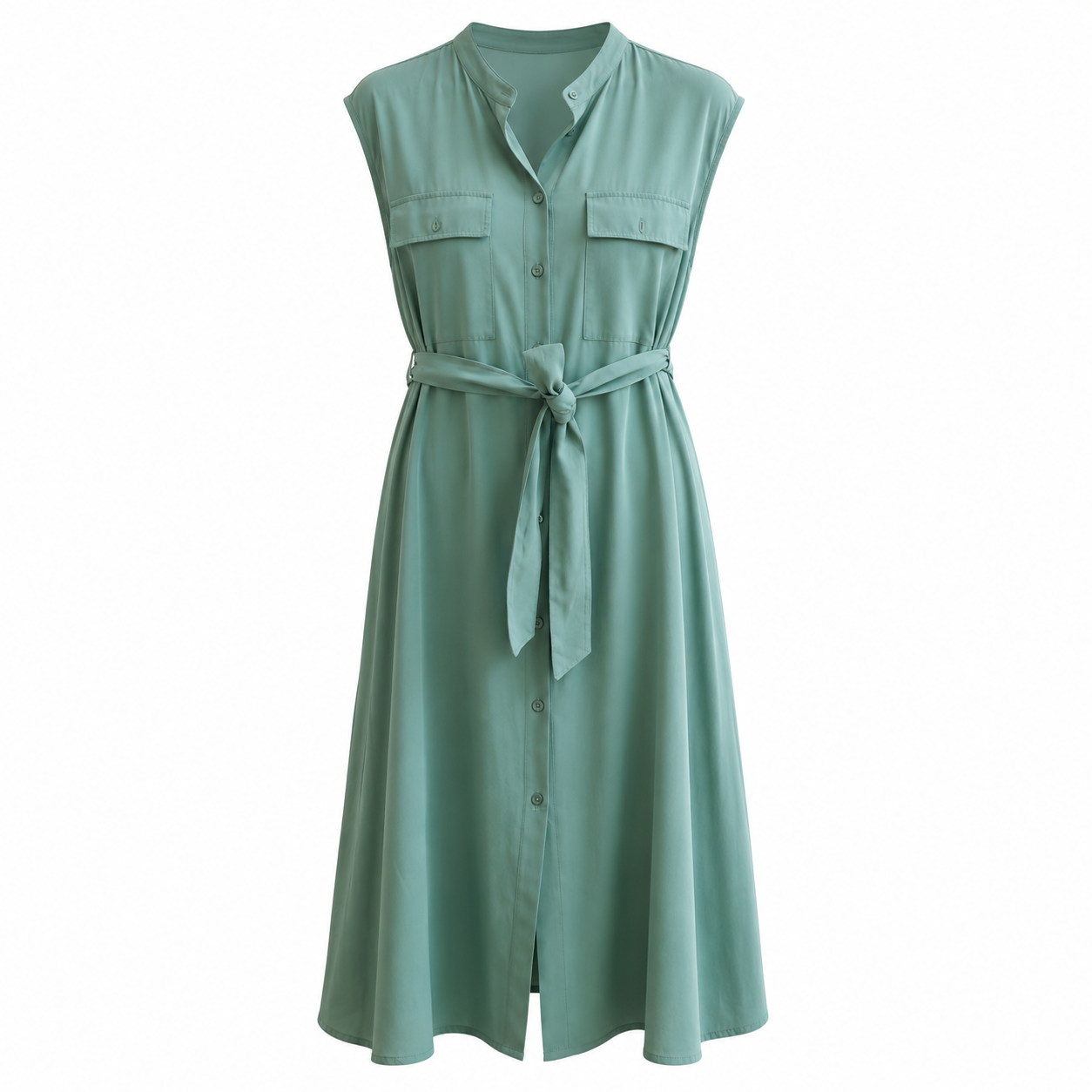 Vestido Midi Camisero Viscosa Sin Mangas con Cinturón Verde
