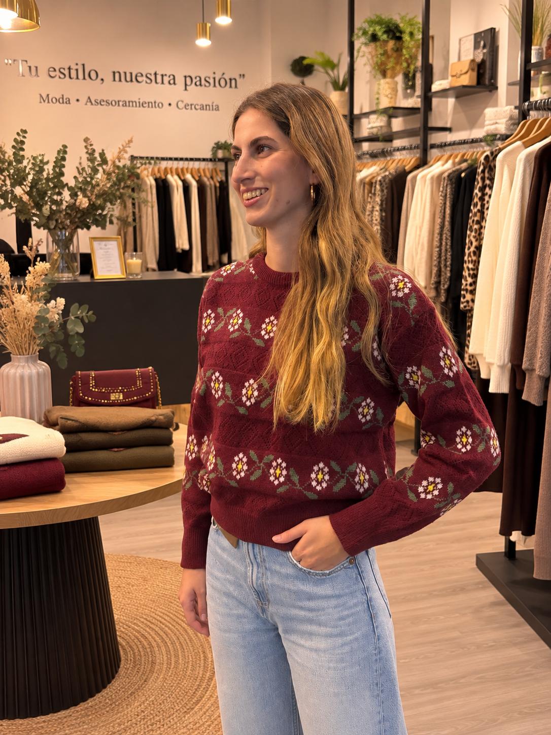 Jersey Burdeos de Punto con Flores