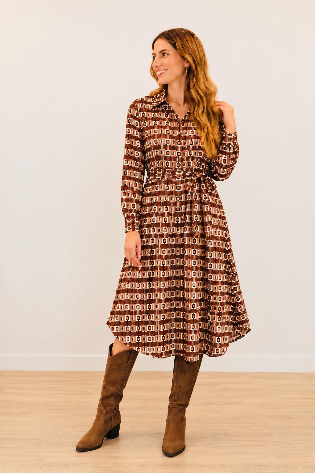 Vestido Camisero Estampado Geométrico Marrón