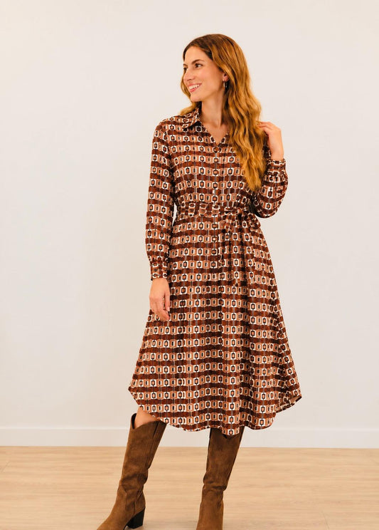 Vestido Camisero Estampado Geométrico Marrón