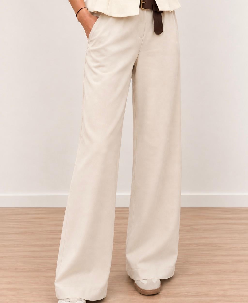 Pantalón Palazzo Beige con Cinturón Marrón