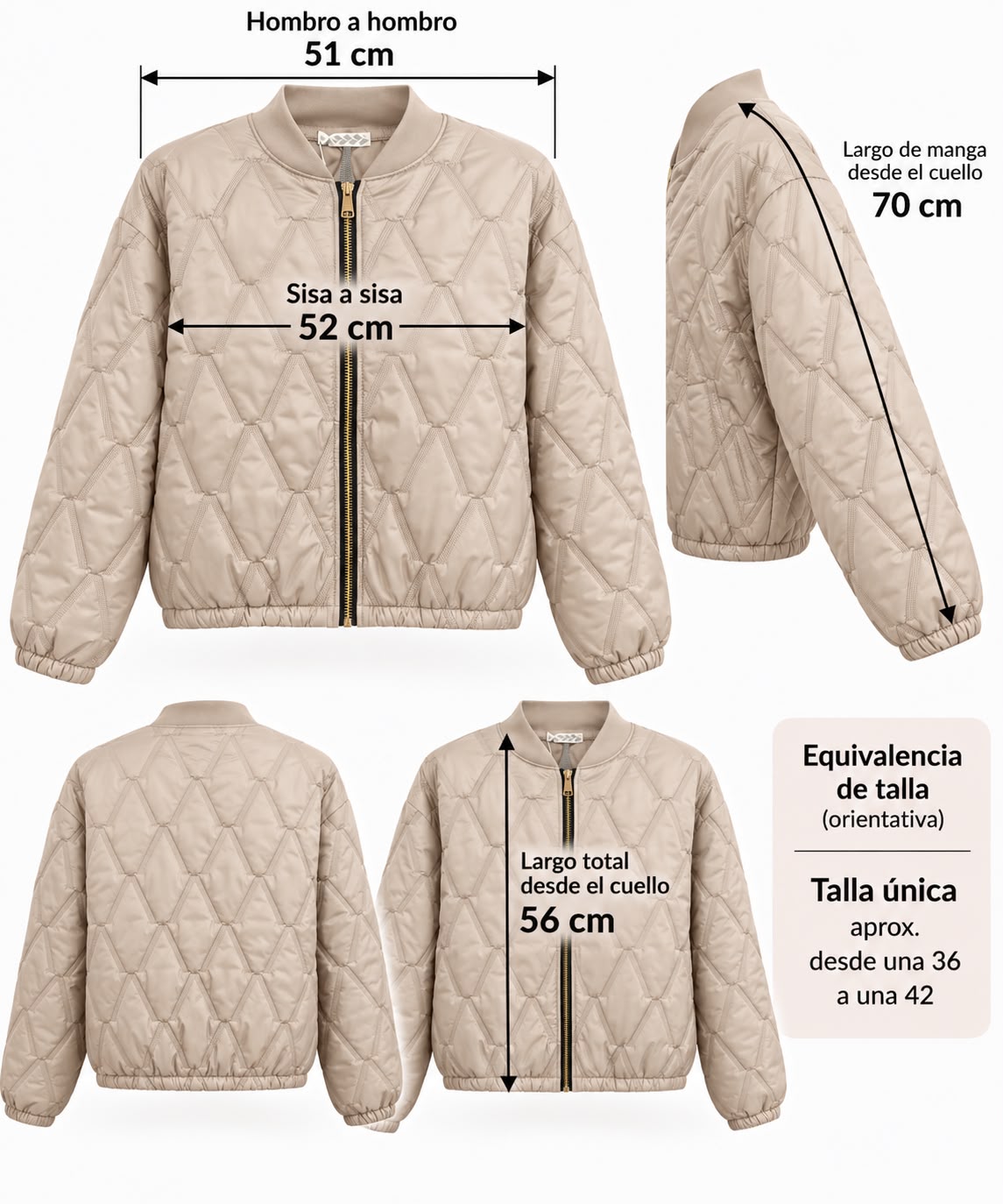 Chaqueta Bomber Acolchada con Cremallera Dorada