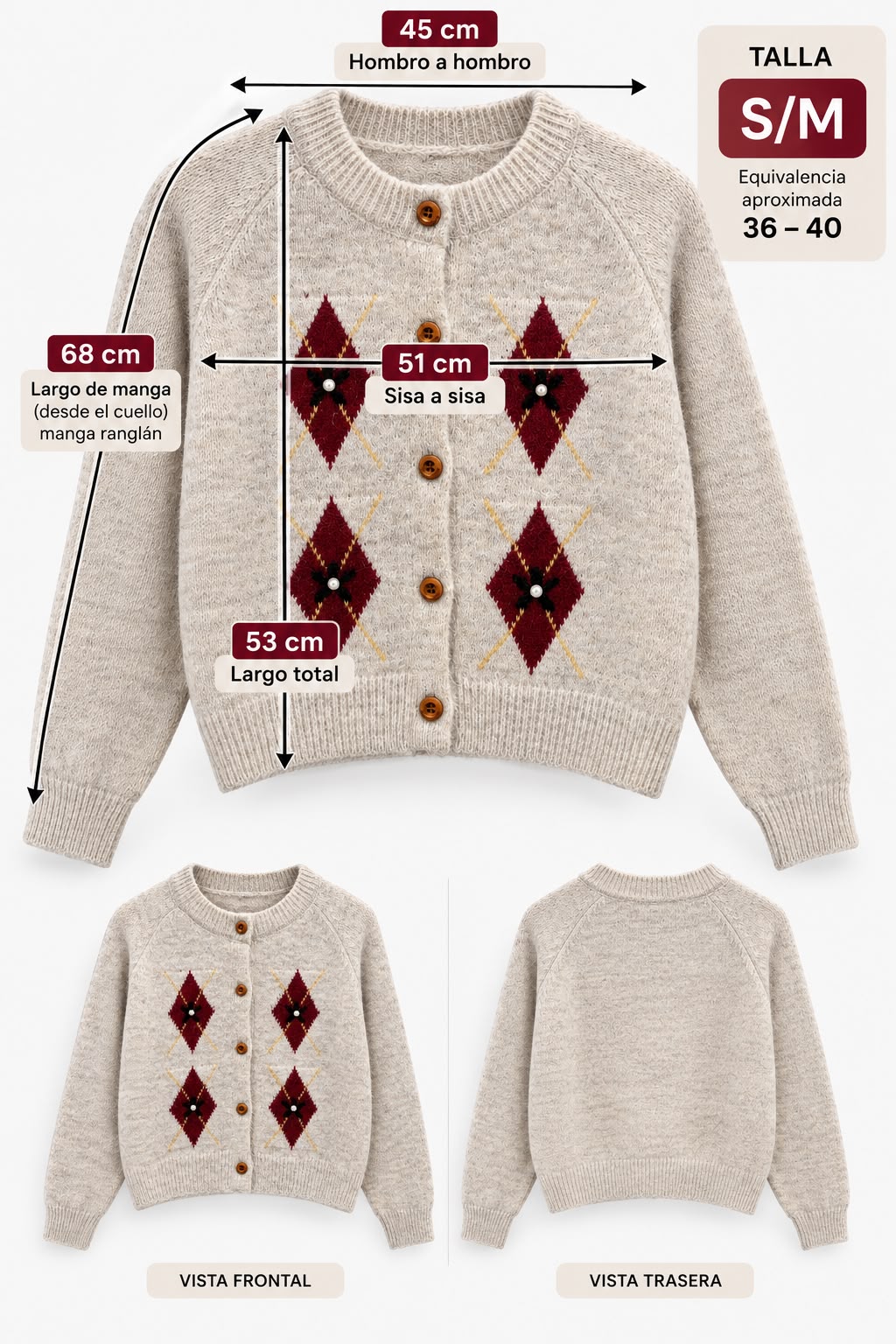 Chaqueta de punto con rombos y perlitas
