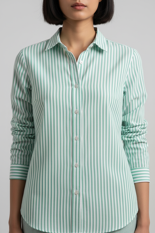 Camisa Oxford rayas verdes - encuadre cuello a cintura