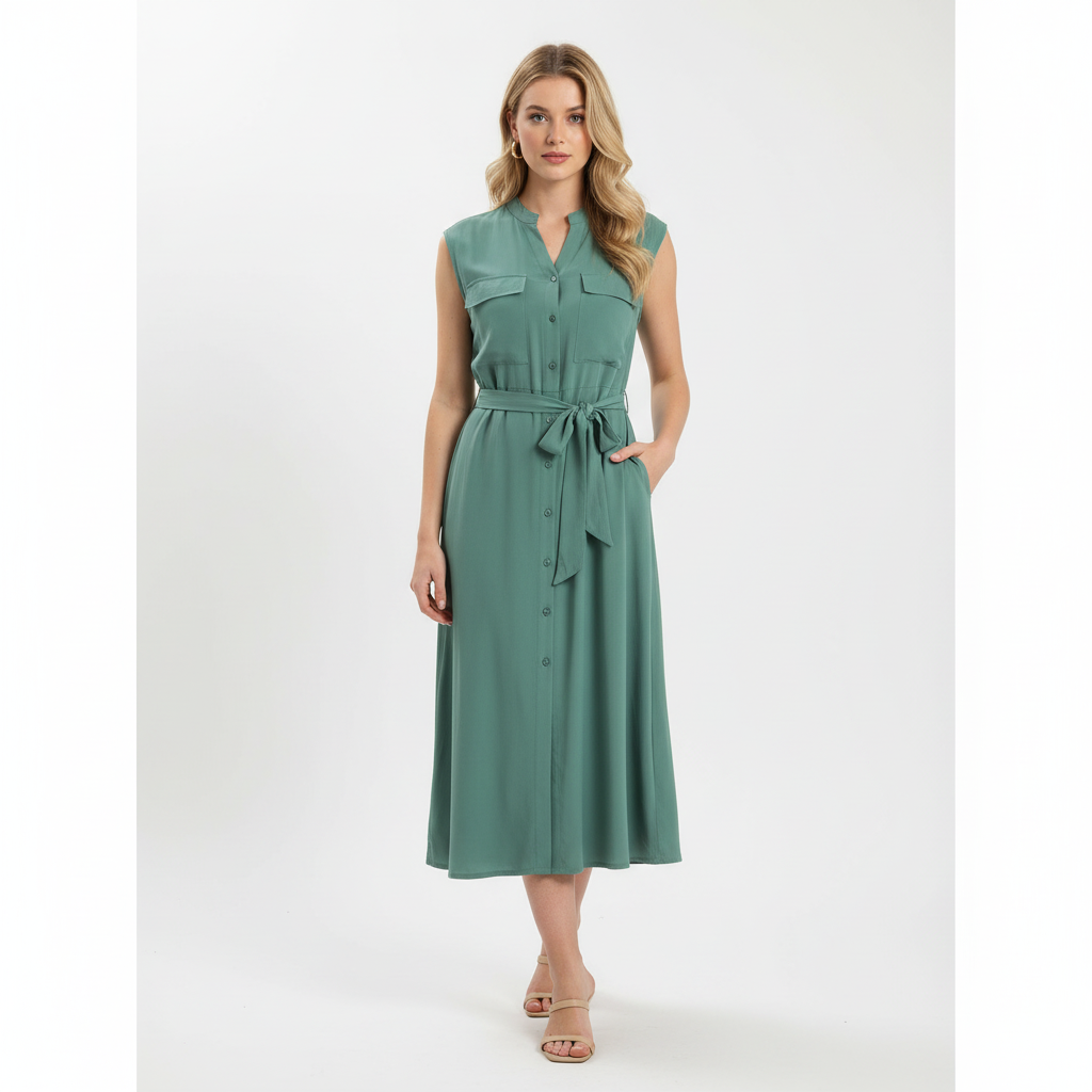 Vestido Midi Camisero Viscosa Sin Mangas con Cinturón Verde