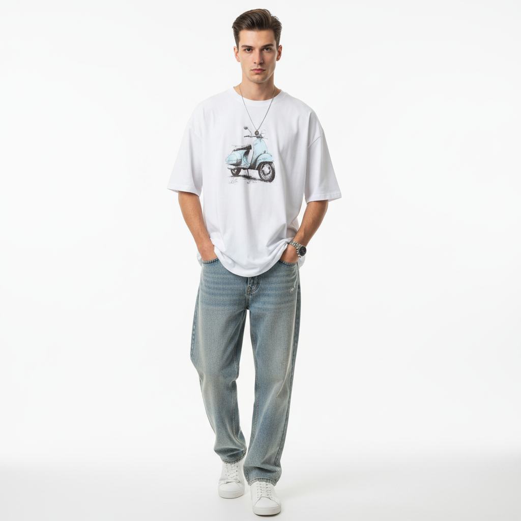 Chico con camiseta Vespa blanca