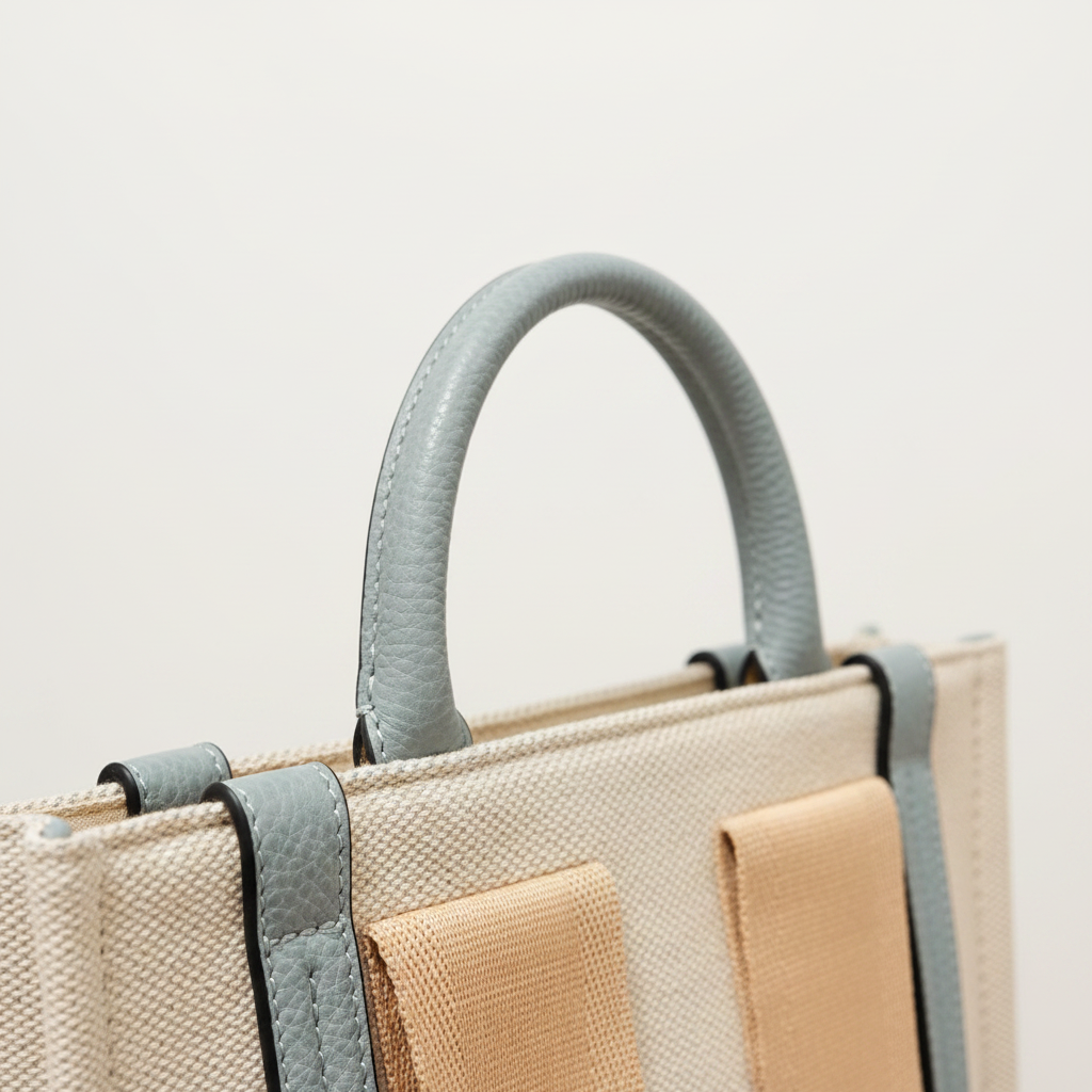 Detalle asa cuero azul tote bag