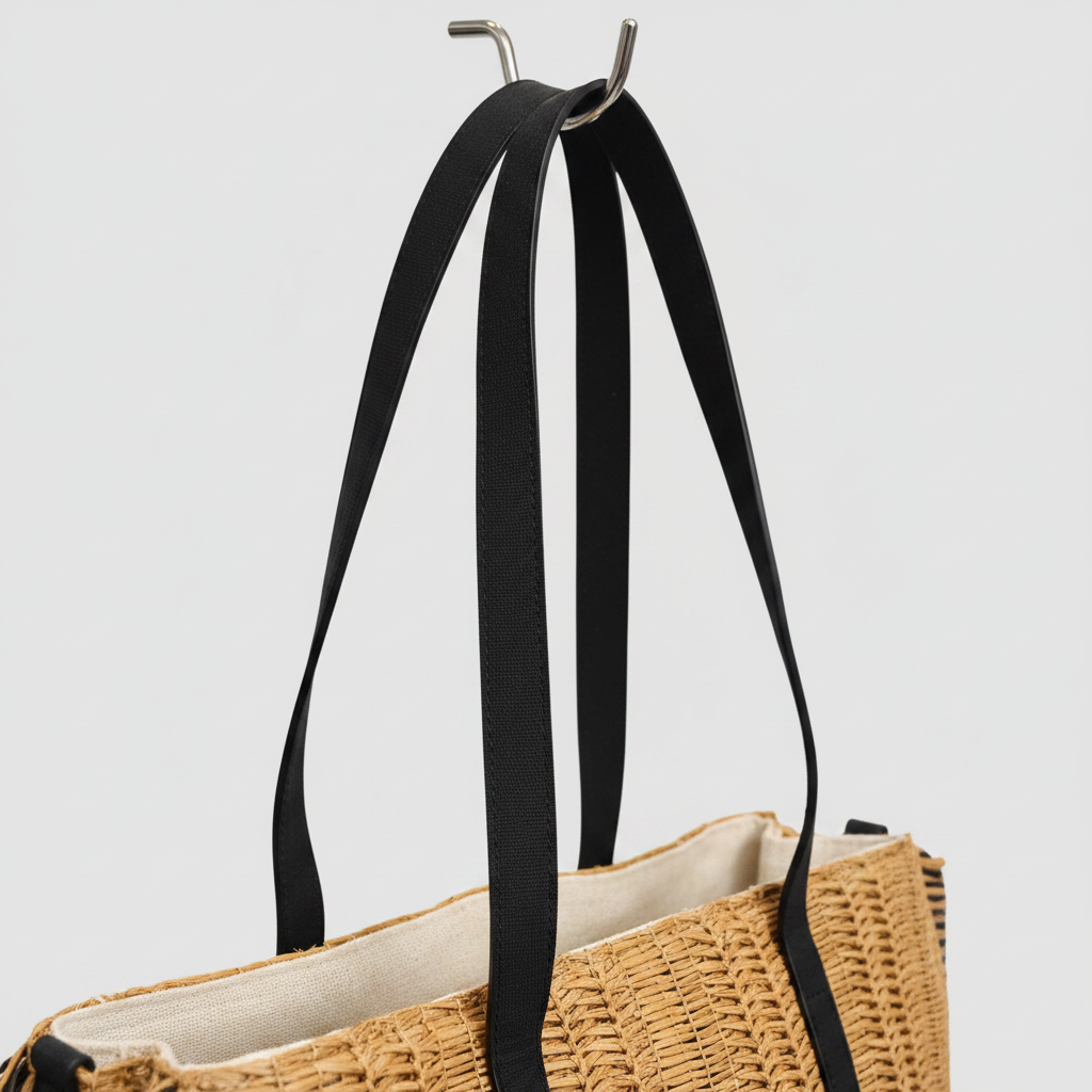 Detalle asa tela negra bolso rafia
