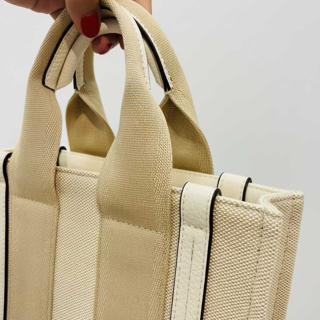 Detalle asa tote bag beige blanco