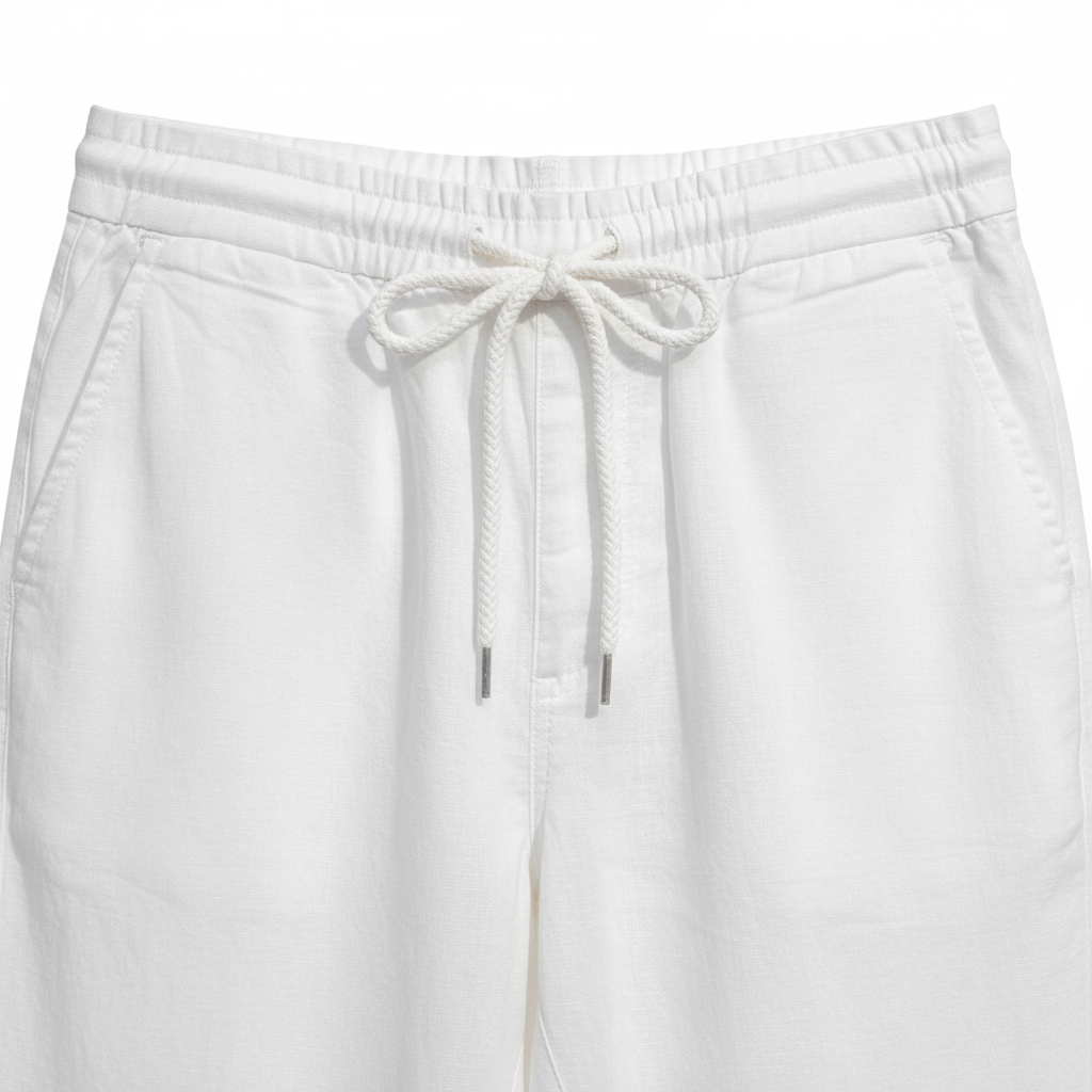 Detalle cintura pantalón lino blanco