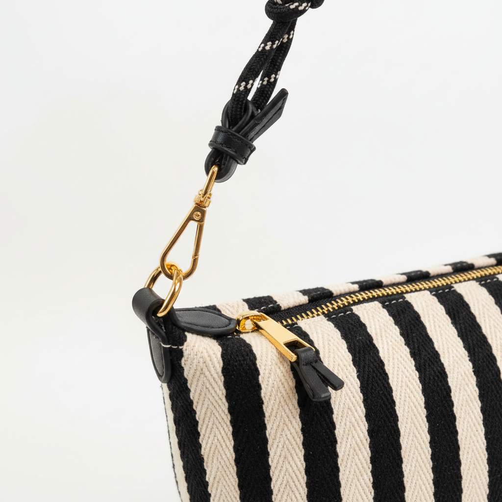 Detalle cremallera y asa bolso baguette