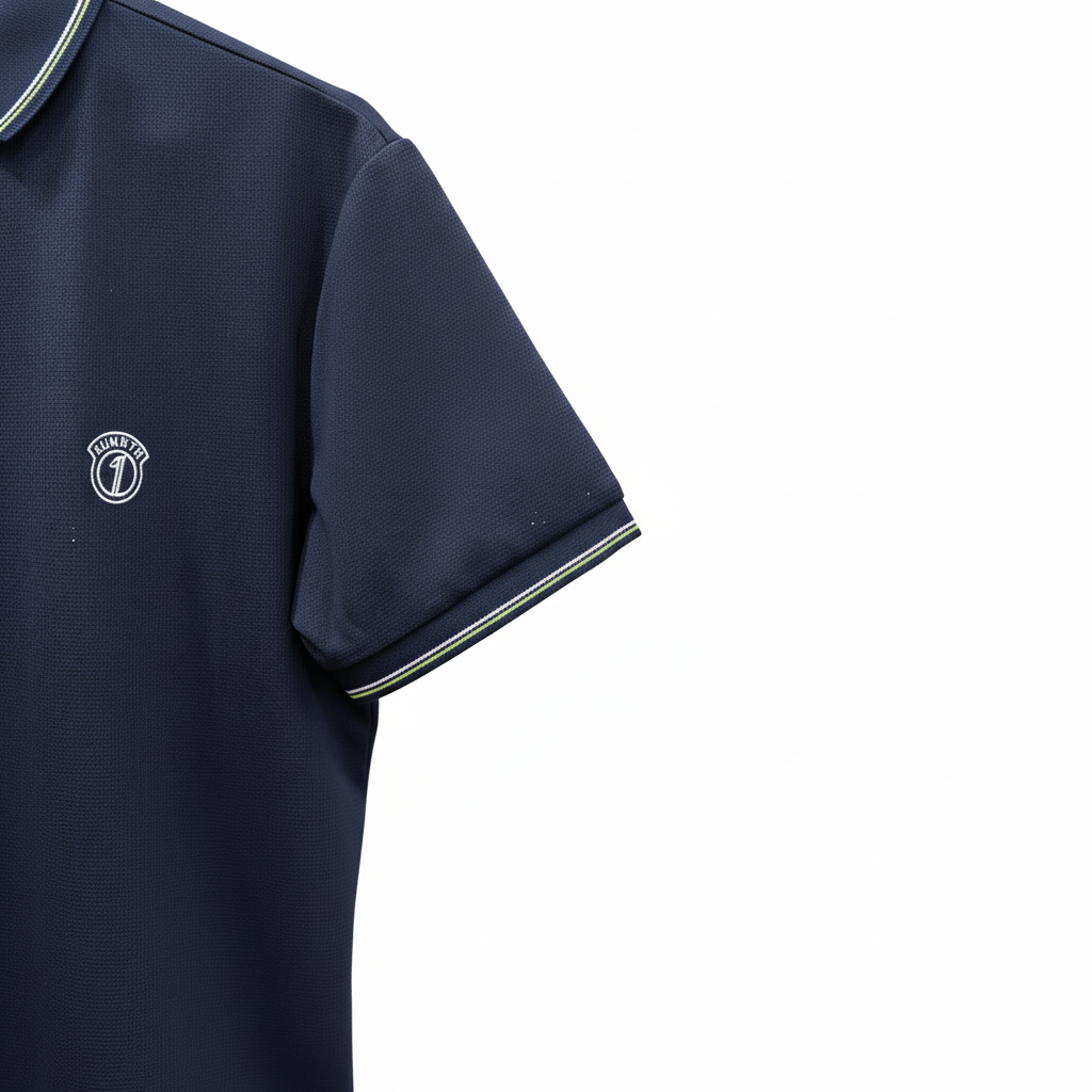 Detalle de manga del polo azul marino con fondo blanco