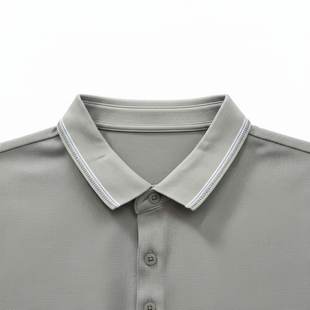 Detalle del cuello del polo gris sin percha