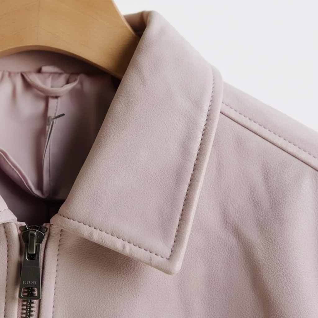 Detalle del cuello de la chaqueta rosa nube