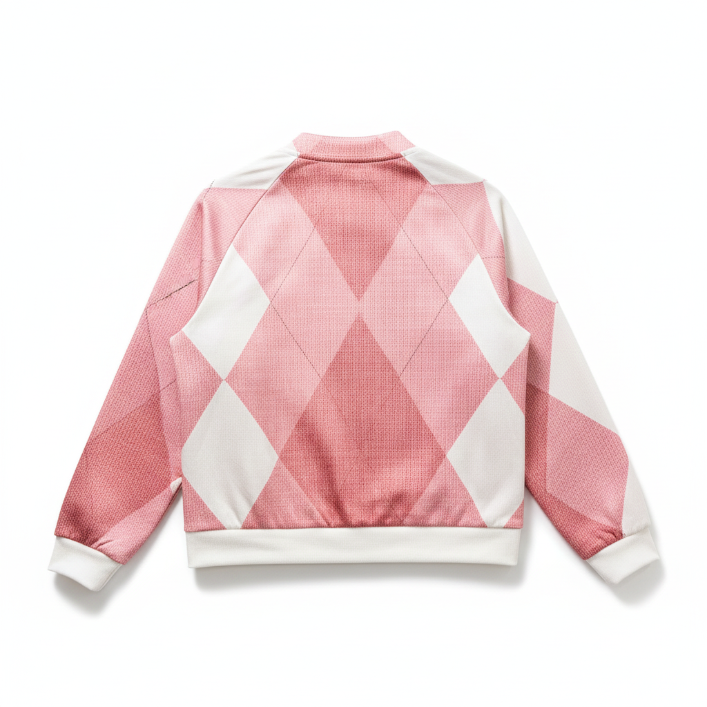 Vista trasera chaqueta bomber geométrica rosa y blanca