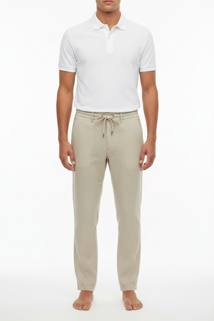 Pantalón lino beige modelo masculino pies descalzos