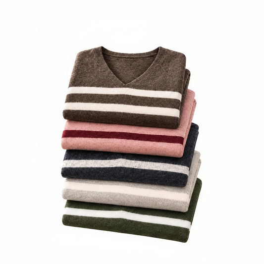 Stack of striped knit sweaters on white background