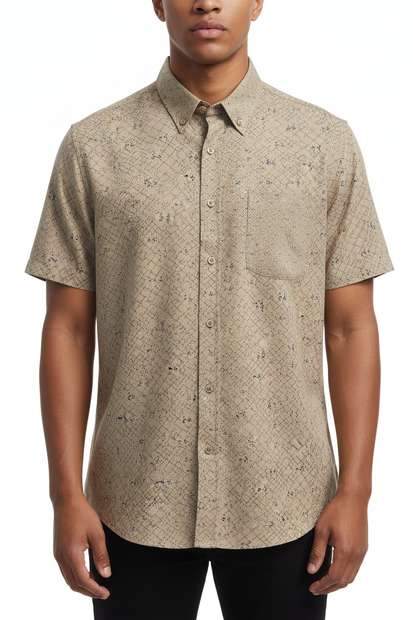 Camisa manga corta beige estampada modelo masculino
