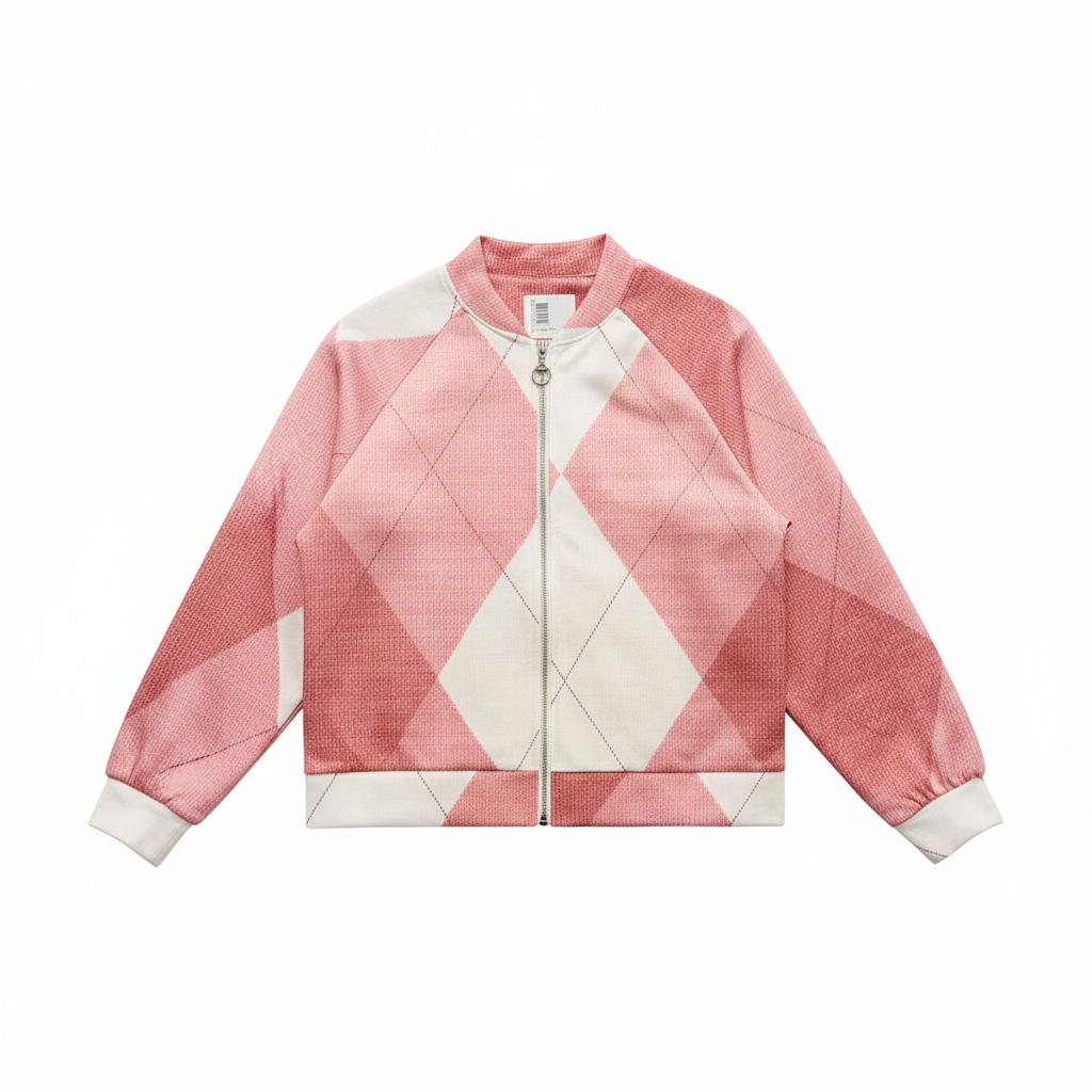 Vista frontal chaqueta bomber geométrica rosa y blanca
