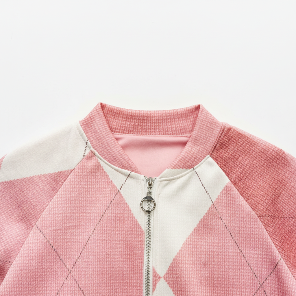 Detalle cuello chaqueta bomber geométrica rosa