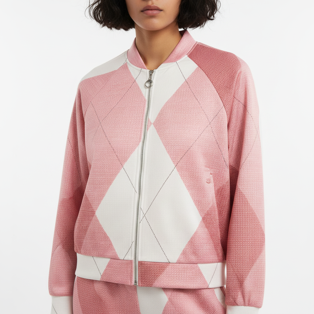 Chaqueta bomber geométrica rosa y blanca