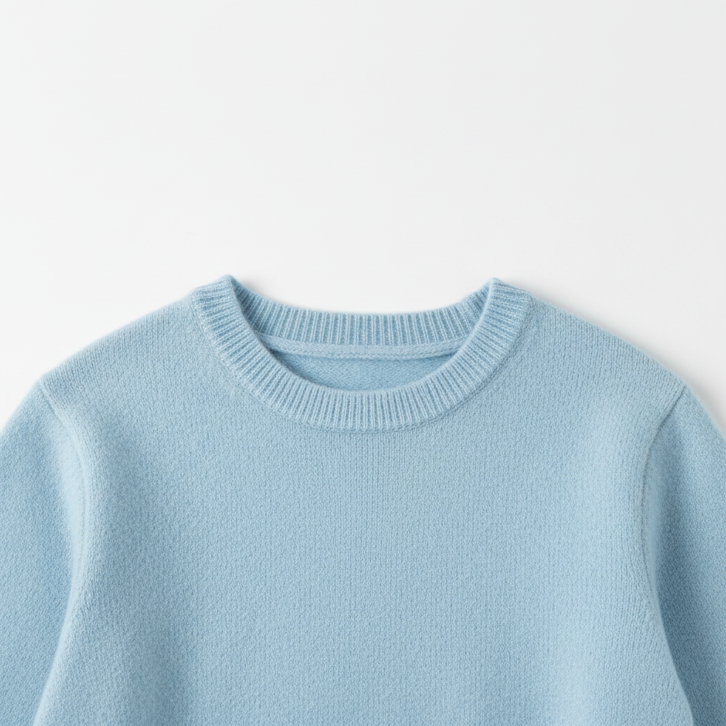 Detalle del cuello - Jersey Soft Touch Celeste