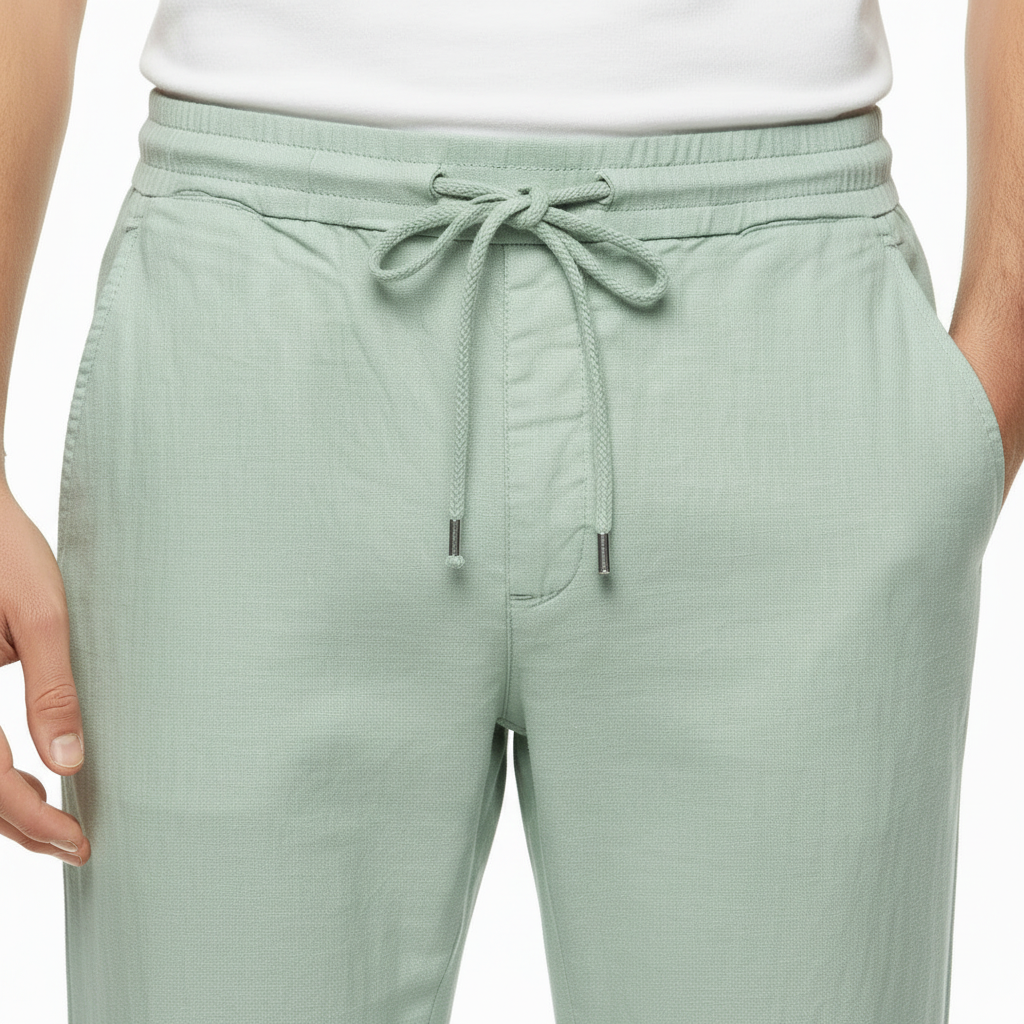 Detalle cinturilla pantalón lino verde agua