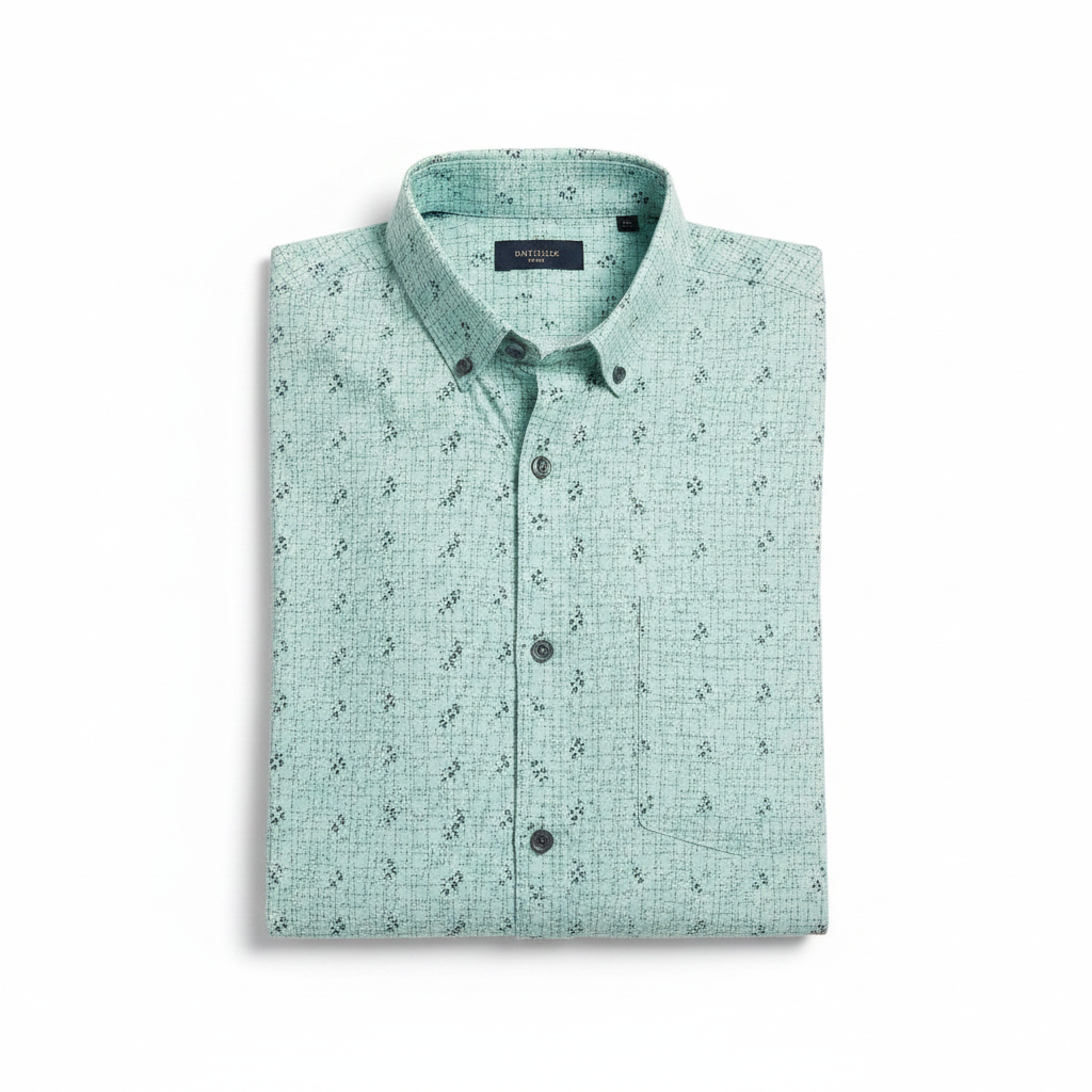 Camisa manga corta hombre verde agua estampada plegada fondo blanco