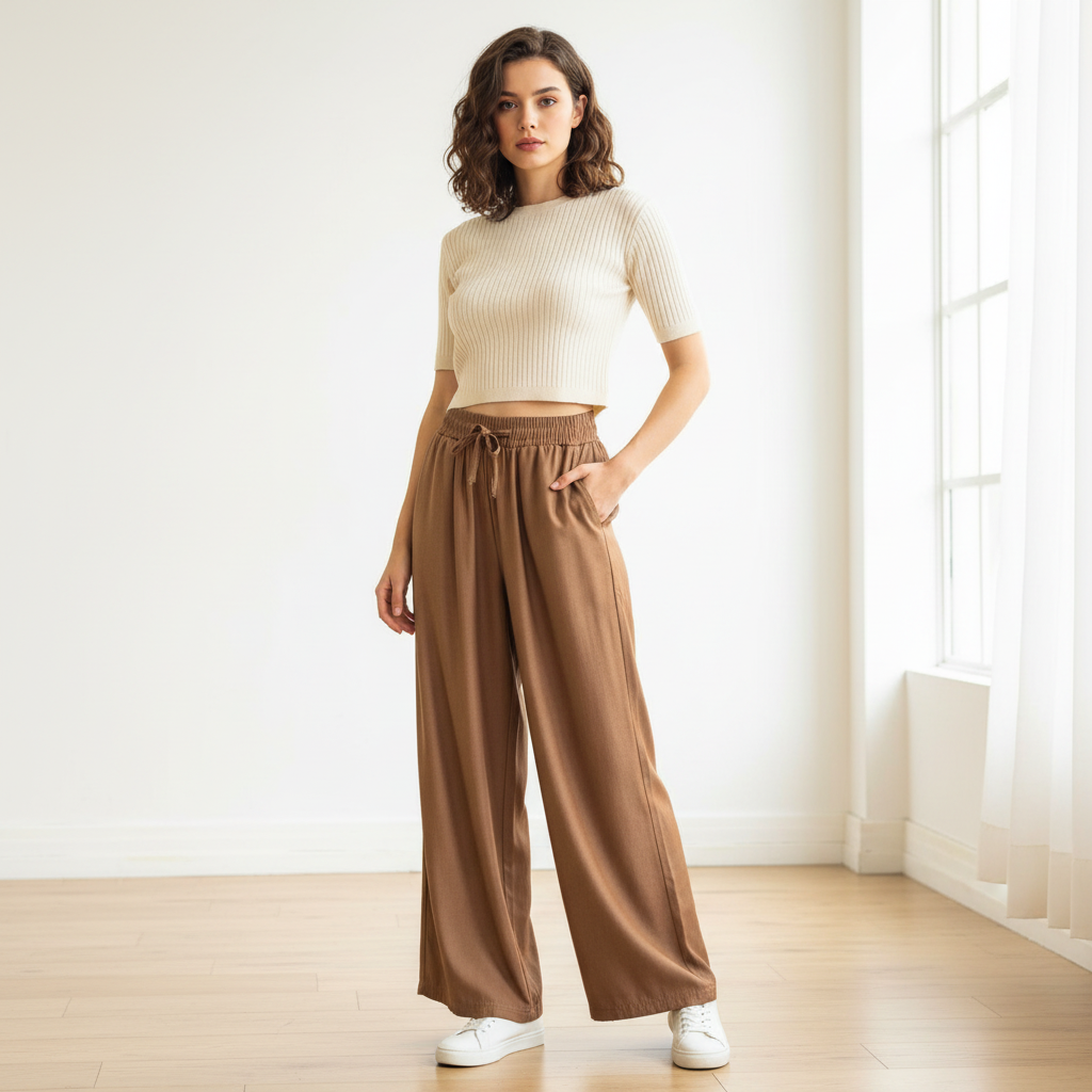 Modelo con pantalón camel