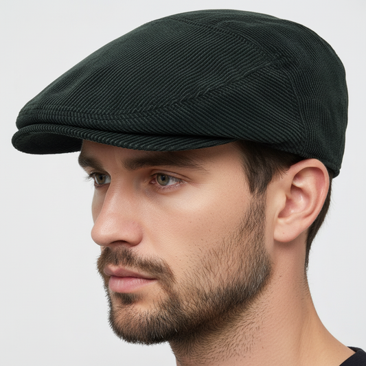 Modelo masculino de perfil con gorra de pana verde oscuro