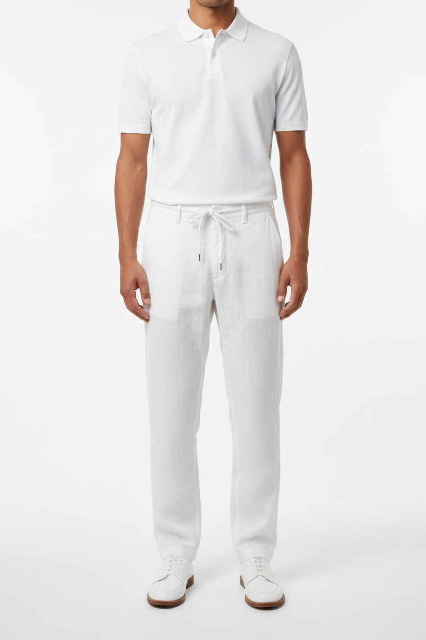Pantalón lino blanco torso hacia abajo