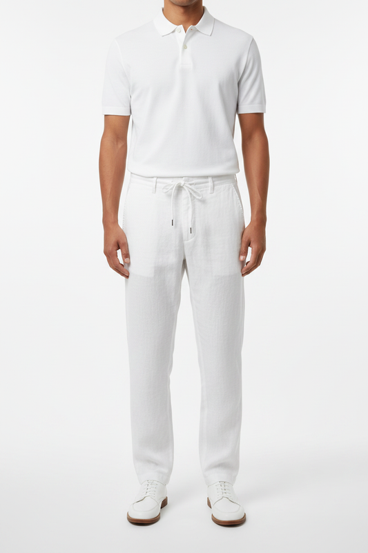 Pantalón lino blanco torso hacia abajo
